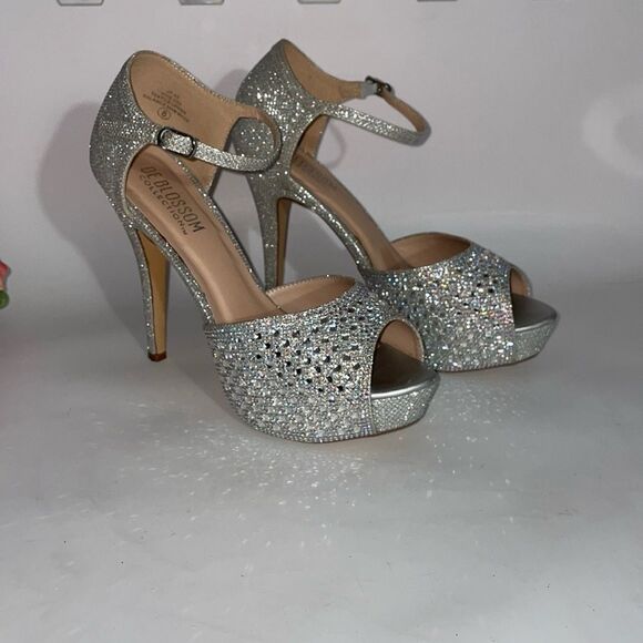 De Blossom Collection Silver Glitter & Rhinestone Heels - Picture 1 of 9
